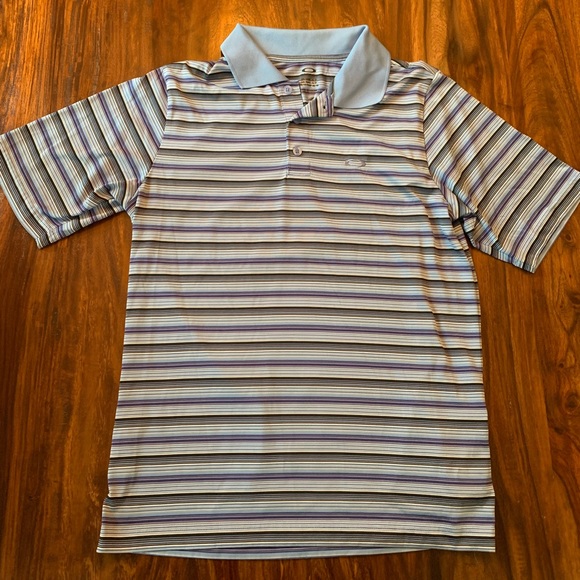 Oakley Mens Polo Shirt Small Blue Short Sleeve Striped Polyester Logo Golf - Picture 1 of 5
